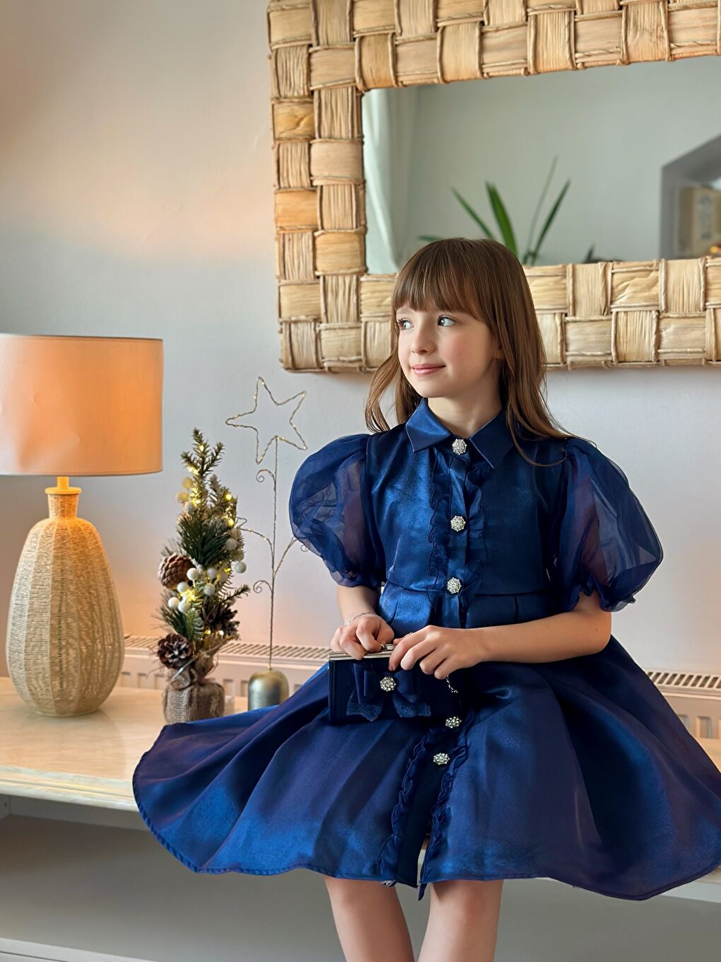 Lacivert Kız Çocuk Özel Kısa Abiye Elbise Düğmeli Özel Tasarım Çanta Aksesuarlı_M2446-4