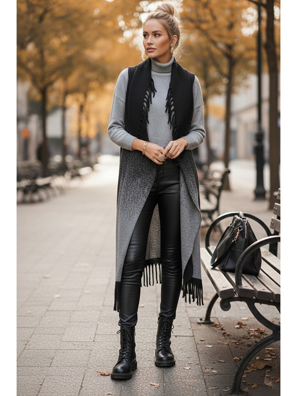 İtalyan Gri-Siyah Şal Yaka Kolsuz Püsküllü Casual Uzun Triko Yelek 125 65-2