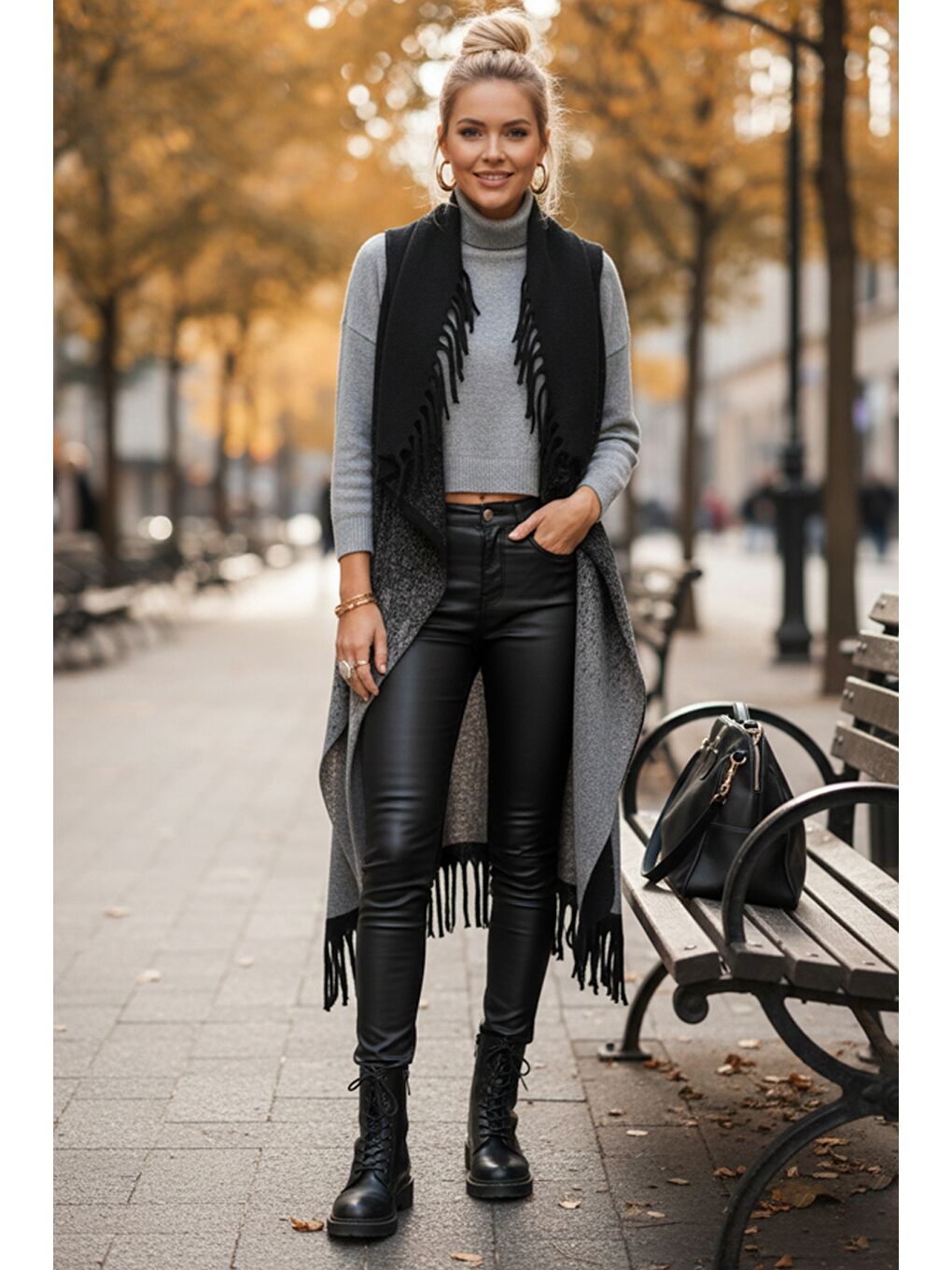 İtalyan Gri-Siyah Şal Yaka Kolsuz Püsküllü Casual Uzun Triko Yelek 125 65-3