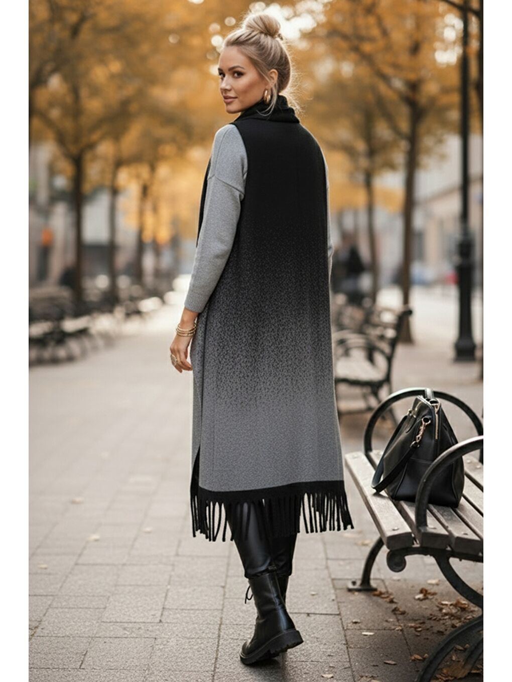 İtalyan Gri-Siyah Şal Yaka Kolsuz Püsküllü Casual Uzun Triko Yelek 125 65-4