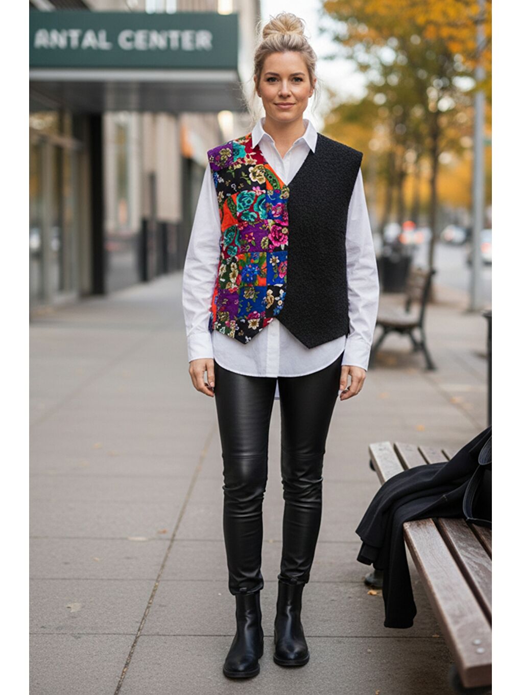 Siyah V Yaka Kolsuz Patchwork Baskılı Düğmeli Casual Dokuma Yelek 65 58-1