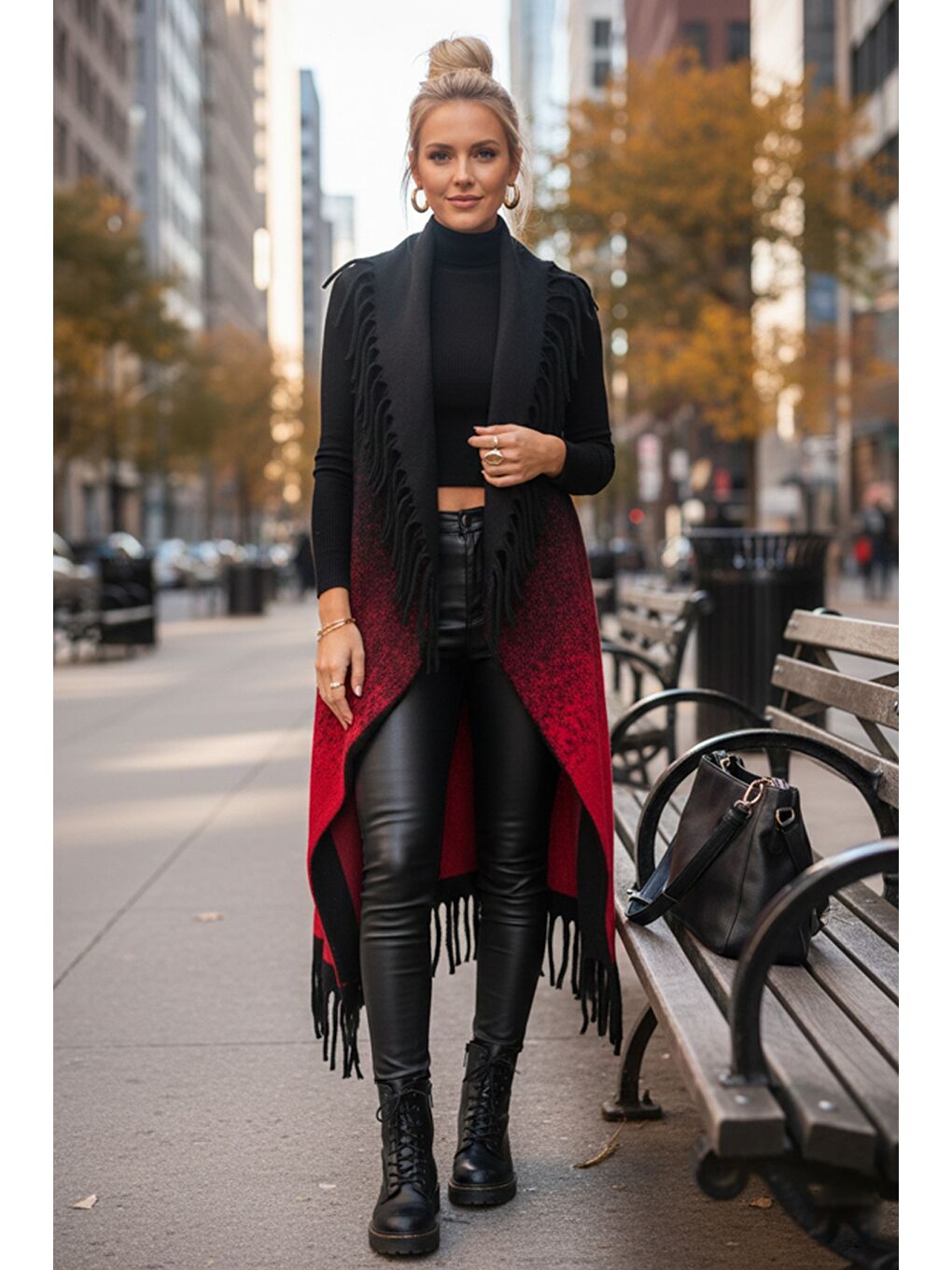 İtalyan Siyah-Kırmızı Şal Yaka Kolsuz Püsküllü Casual Uzun Triko Yelek 125 65-1