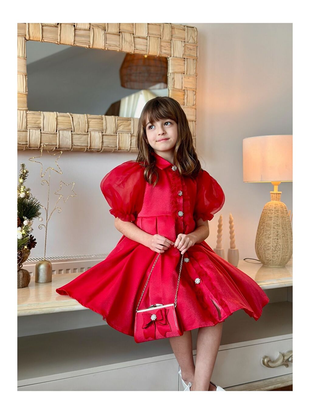 Kırmızı Kız Çocuk Özel Kısa Abiye Elbise Düğmeli Özel Tasarım Çanta Aksesuarlı_M2446-1