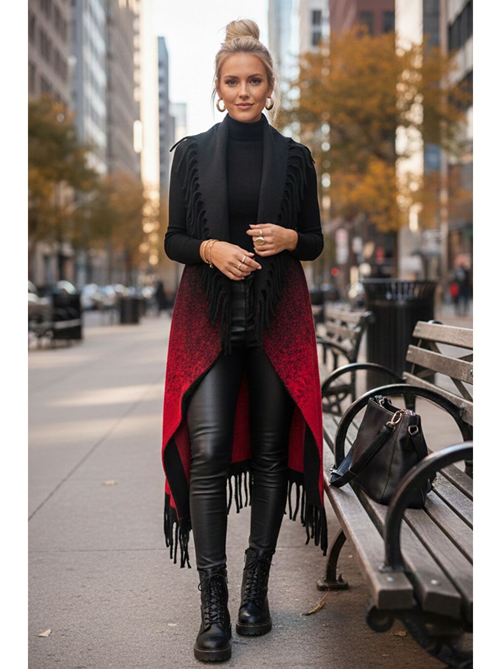 İtalyan Siyah-Kırmızı Şal Yaka Kolsuz Püsküllü Casual Uzun Triko Yelek 125 65-2