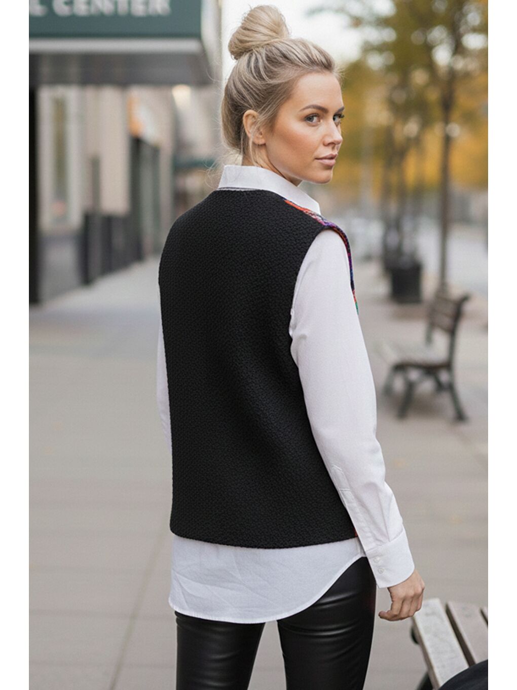 Siyah V Yaka Kolsuz Patchwork Baskılı Düğmeli Casual Dokuma Yelek 65 58-3