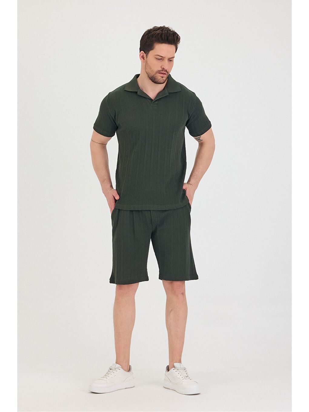 Haki Erkek Polo Yaka Tshirt Ve Şort Alt Üst Takım-2