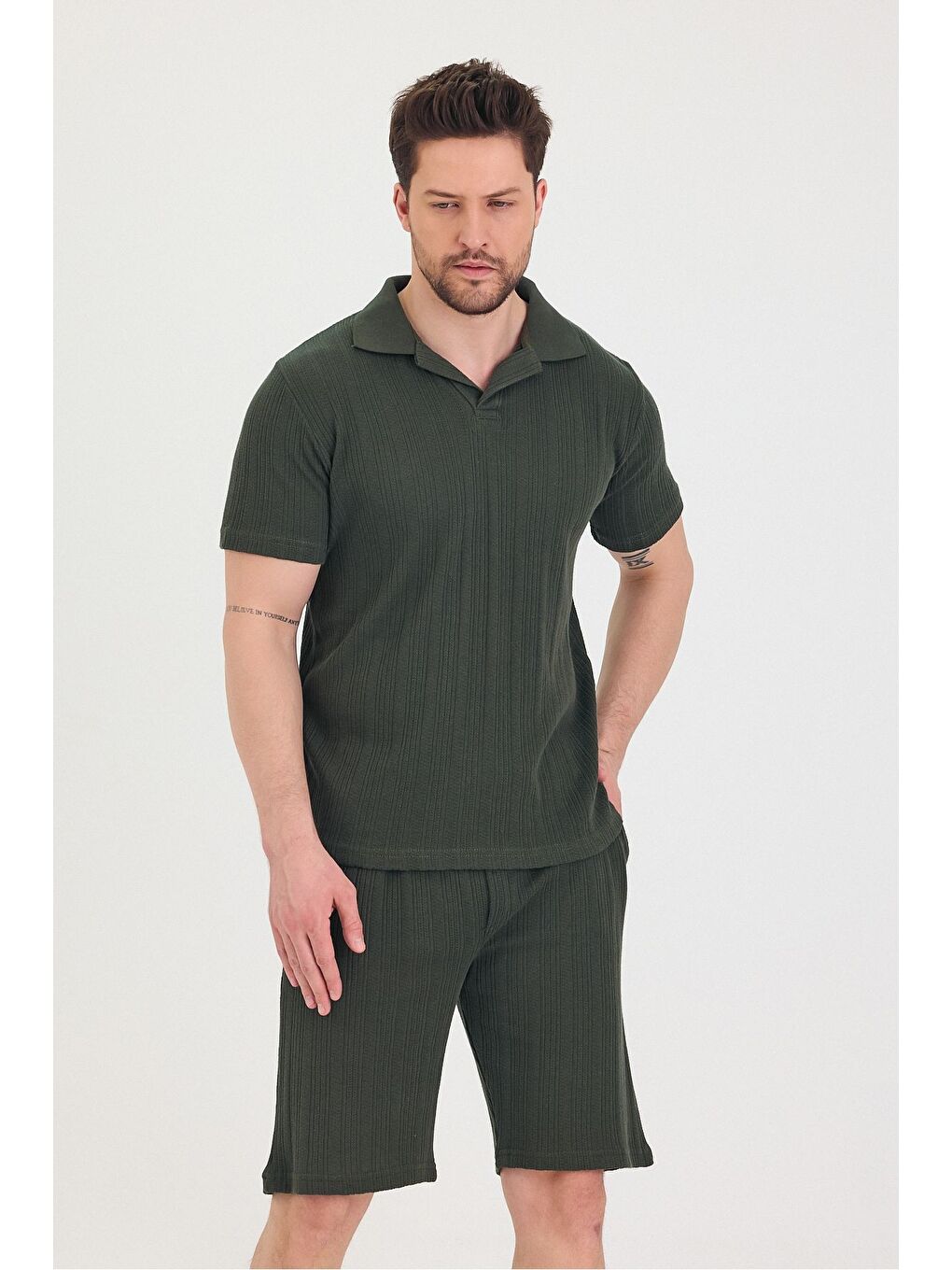 Haki Erkek Polo Yaka Tshirt Ve Şort Alt Üst Takım-3