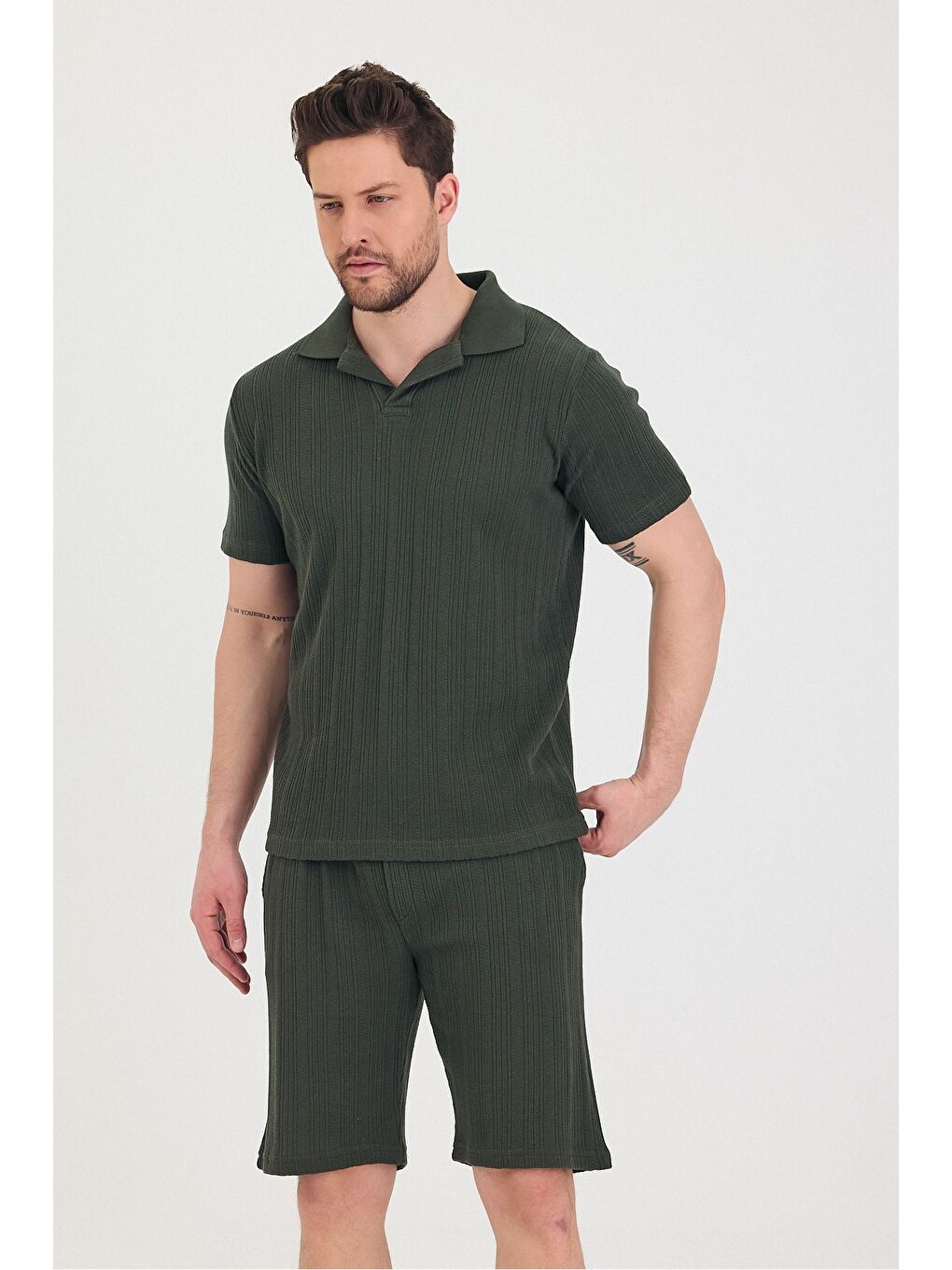 Haki Erkek Polo Yaka Tshirt Ve Şort Alt Üst Takım-4