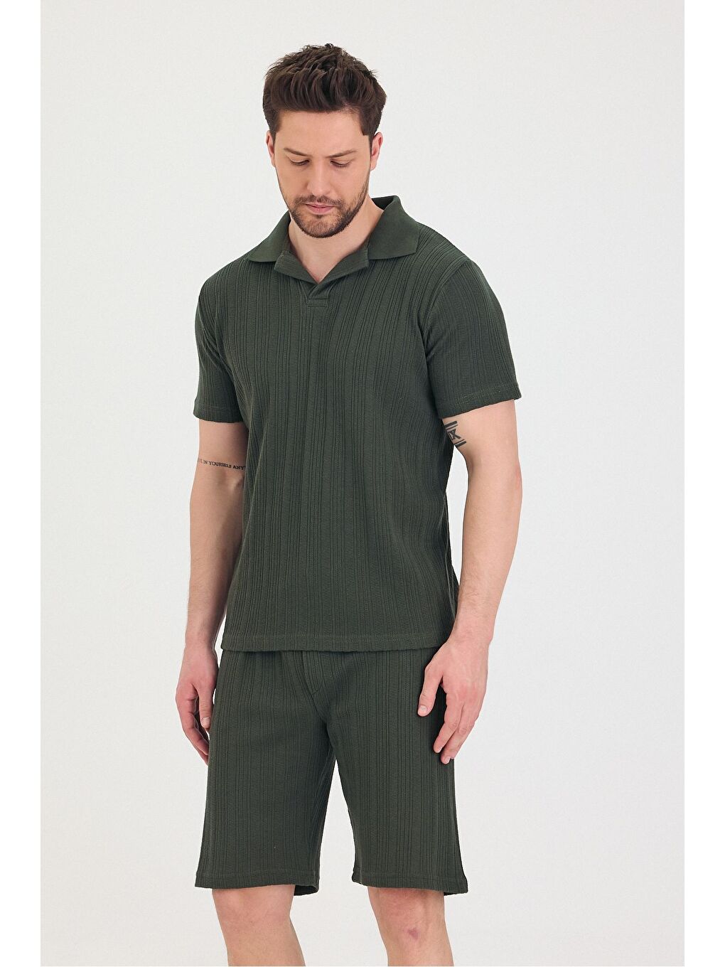 Haki Erkek Polo Yaka Tshirt Ve Şort Alt Üst Takım-5