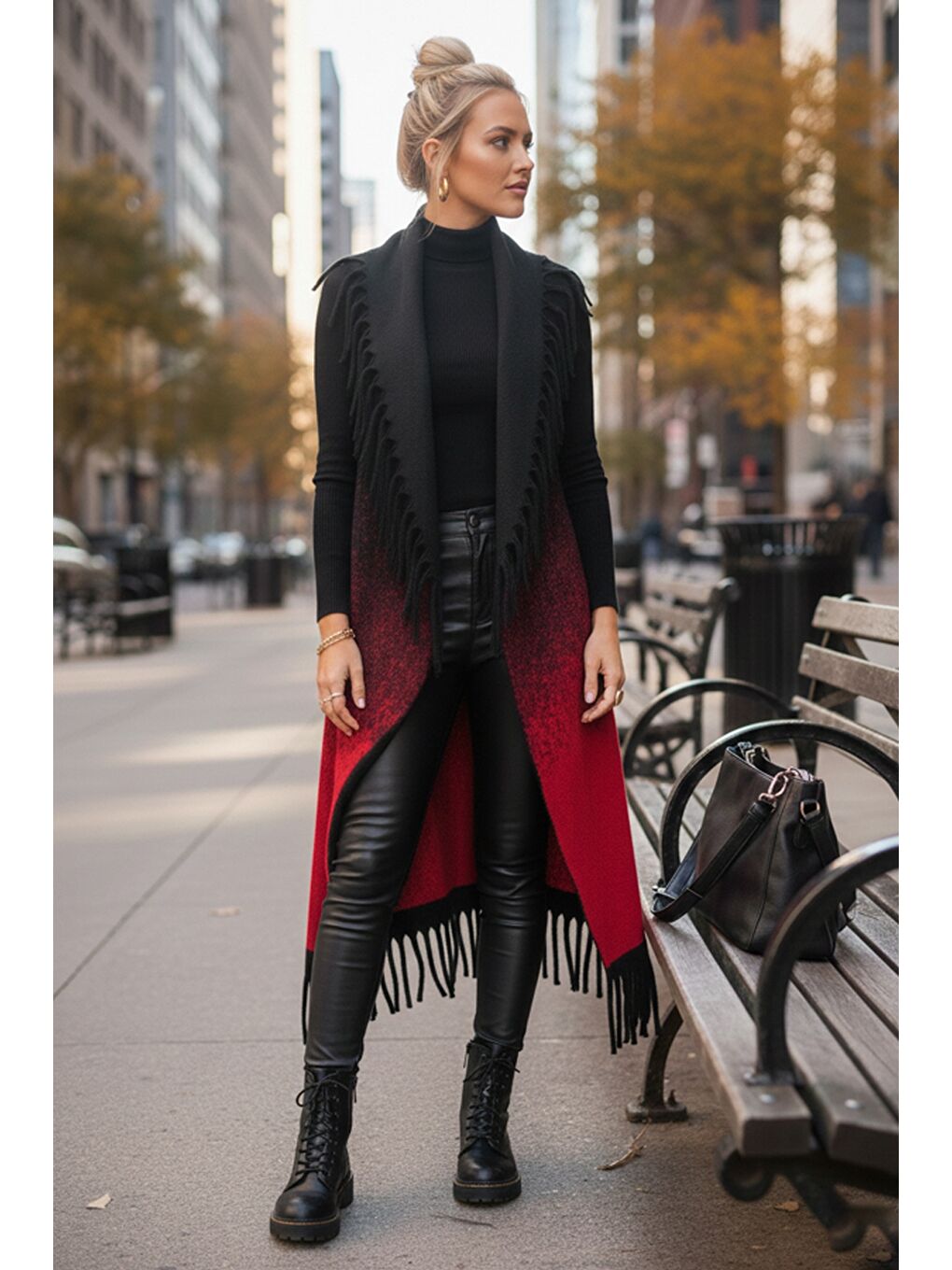 İtalyan Siyah-Kırmızı Şal Yaka Kolsuz Püsküllü Casual Uzun Triko Yelek 125 65-3