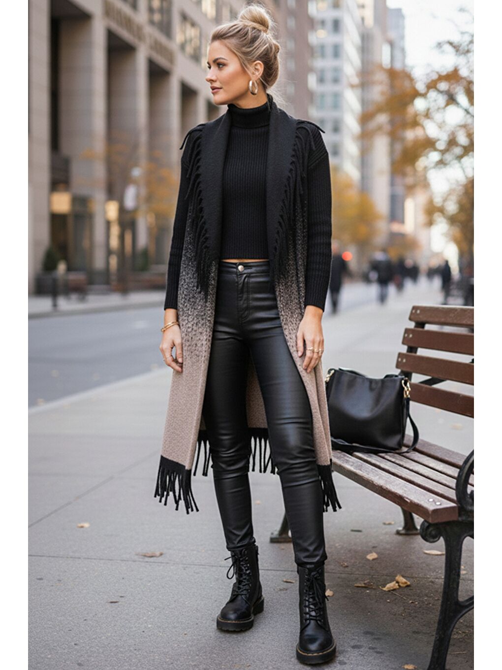 İtalyan Siyah-Bej Şal Yaka Kolsuz Püsküllü Casual Uzun Triko Yelek 125 65-3