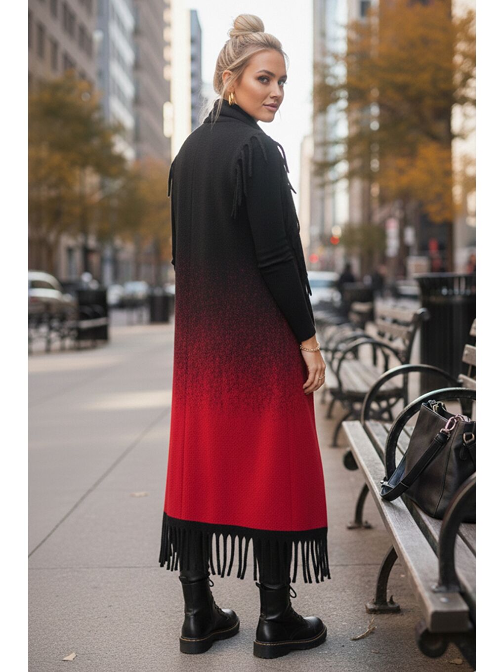İtalyan Siyah-Kırmızı Şal Yaka Kolsuz Püsküllü Casual Uzun Triko Yelek 125 65-4