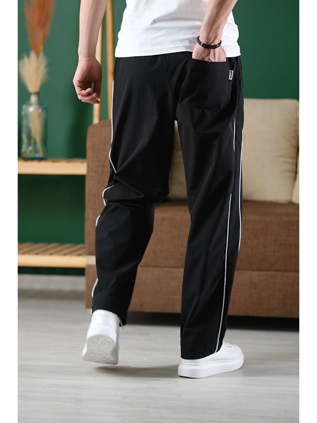 Siyah Brand Rahat Kesim Kort Paraşüt Şeritli Outdoor Erkek Eşofman Alt-2