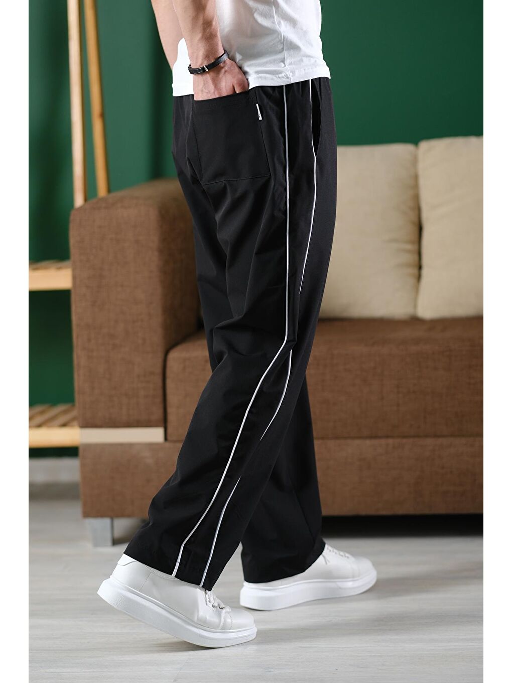 Siyah Brand Rahat Kesim Kort Paraşüt Şeritli Outdoor Erkek Eşofman Alt-5