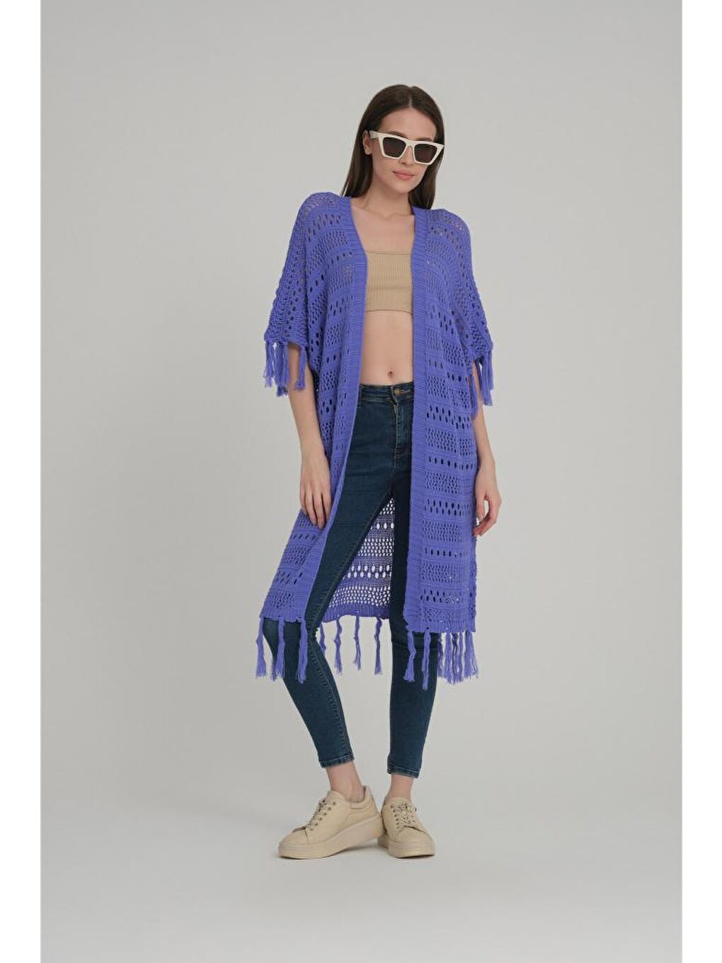 Lila Kadın Eteği Püsküllü Triko Hırka 11062