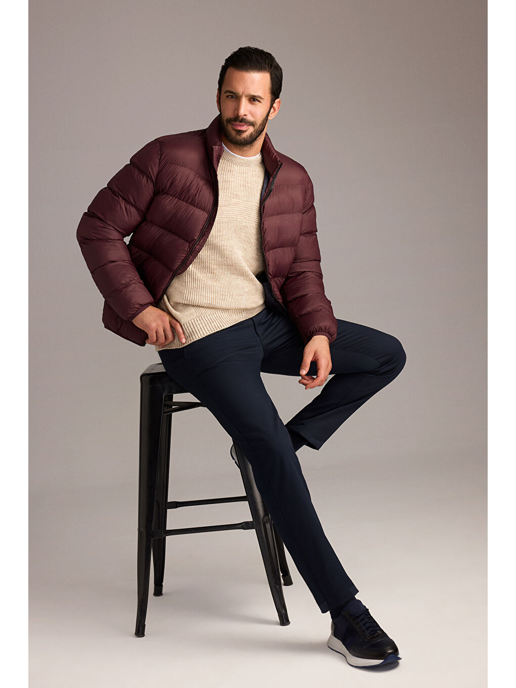 Bej Bisiklet Yaka Regular Fit Dikişsiz Desenli Triko Kazak-1