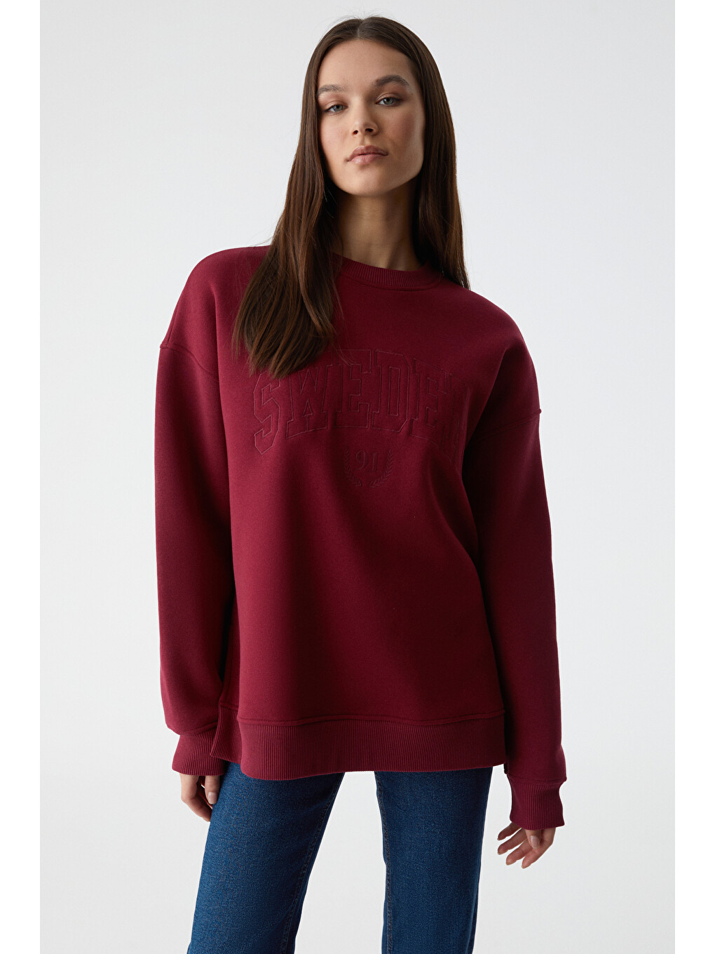 Rıcennı Kadın Bisiklet Yaka Oversize Bordo Sweatshirt