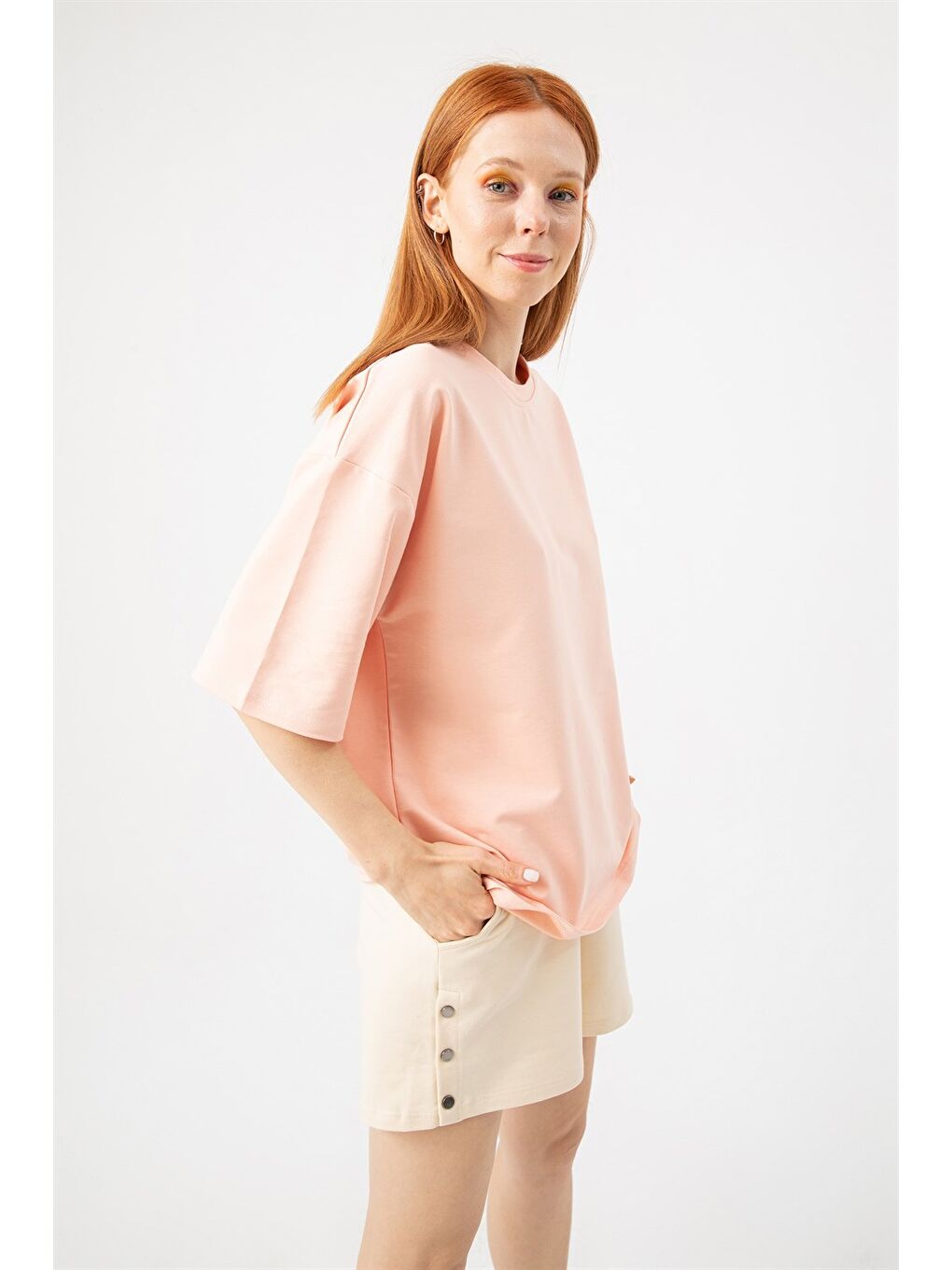 Kadın Base Oversize Mercan T-Shirt-2