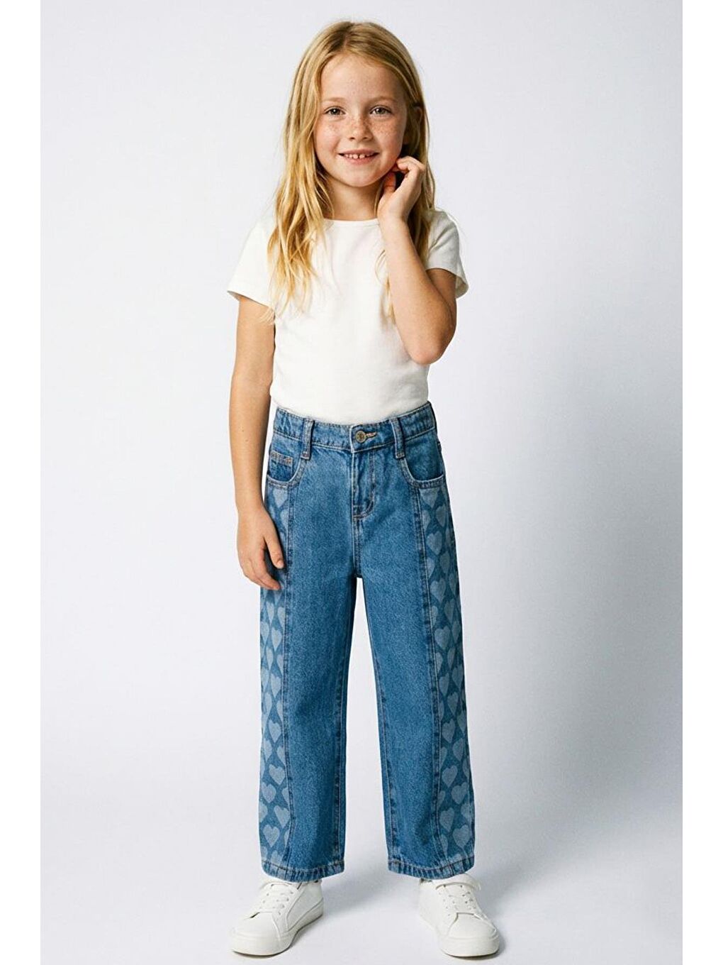 Kız Çocuk Mavi Kalp Desenli Jean Pantolon