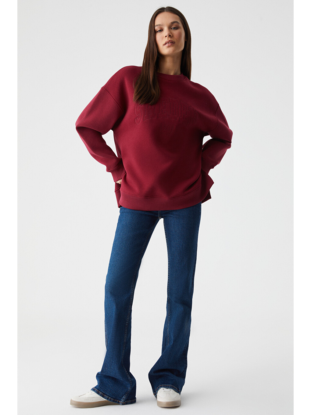 Rıcennı Kadın Bisiklet Yaka Oversize Bordo Sweatshirt-1