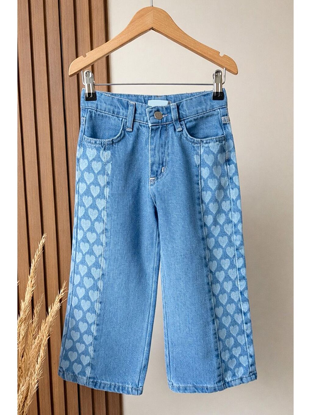 Kız Çocuk Mavi Kalp Desenli Jean Pantolon-4