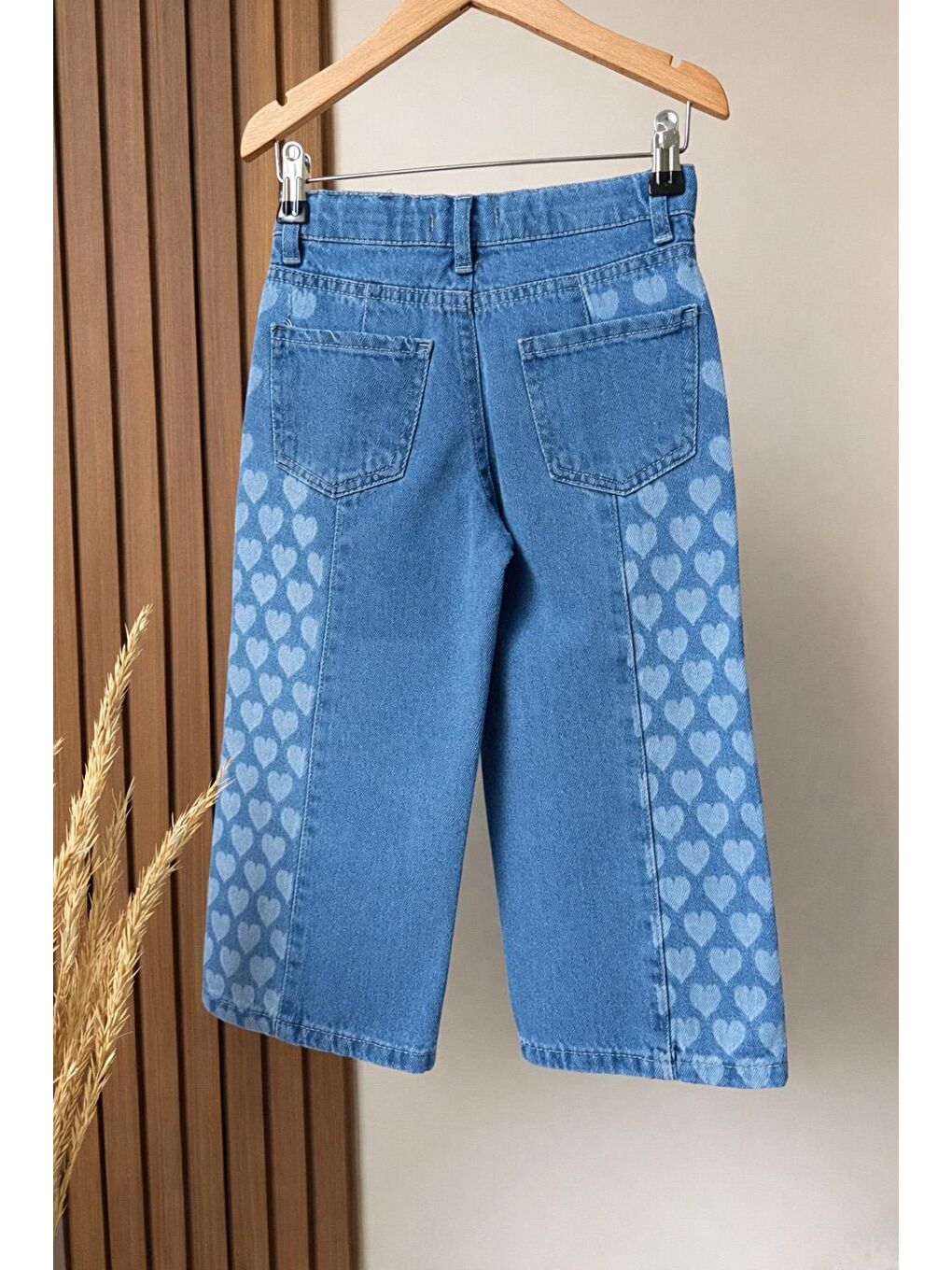 Kız Çocuk Mavi Kalp Desenli Jean Pantolon-5