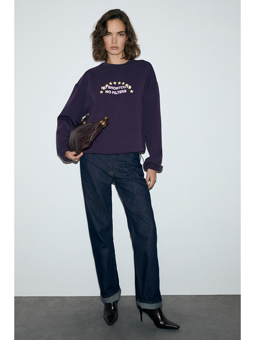 Marıela Kadın Yuvarlak Yaka Baskı Detaylı Oversıze Mor Sweatshirt