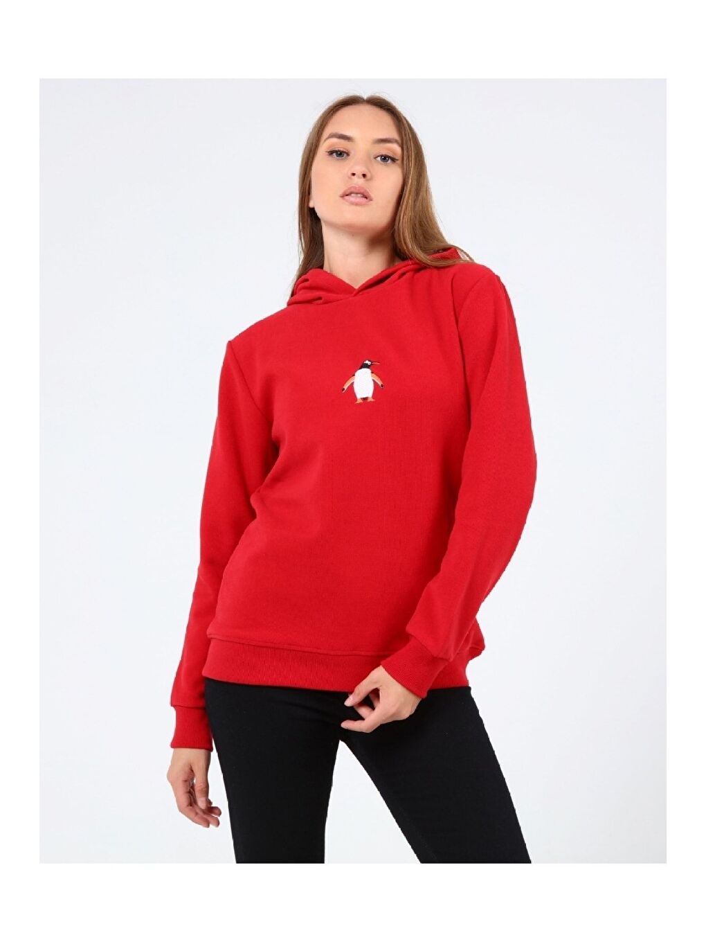 GENIUS STORE Kırmızı Store Kadın Selanik Outdoor Kapüşonlu Sweatshirt Nakış Işlemeli PENGUEN-KAPŞONLU