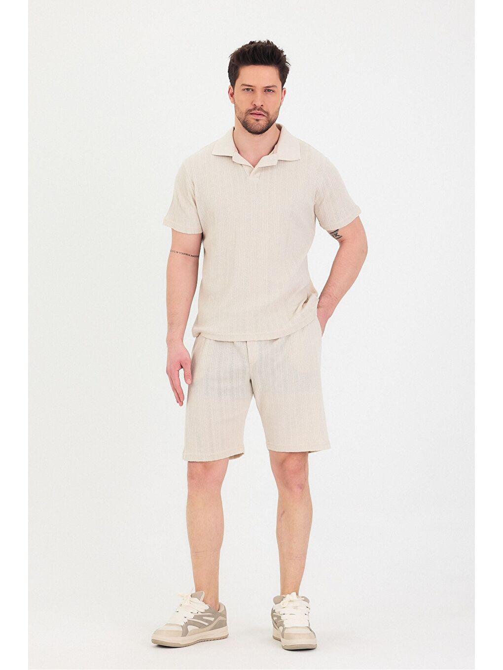 Ekru Erkek Polo Yaka Tshirt Ve Şort Alt Üst Takım