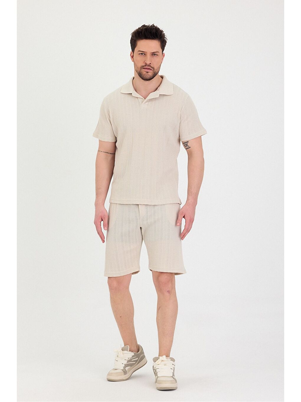 Ekru Erkek Polo Yaka Tshirt Ve Şort Alt Üst Takım-1