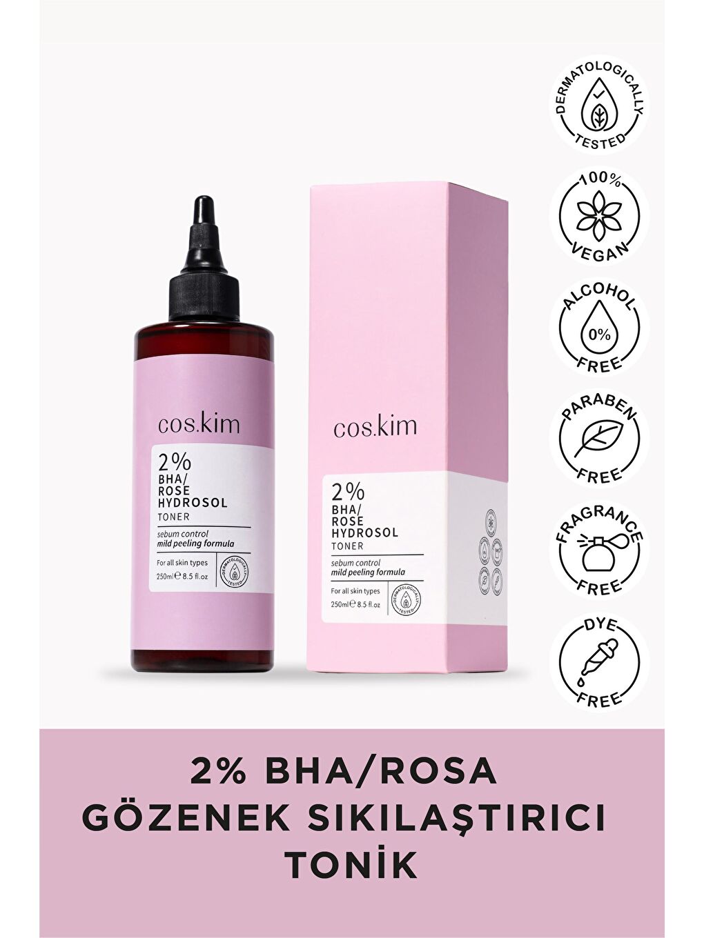 cos.kim Renksiz %2 Bha+Gül Suyu Gözenek Sıkılaştırıcı Siyah Nokta Karşıtı Tonik 250ml