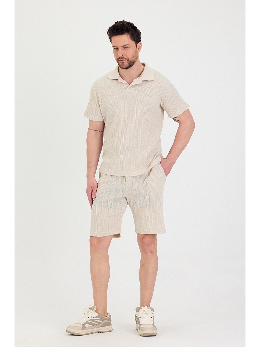 Ekru Erkek Polo Yaka Tshirt Ve Şort Alt Üst Takım-2