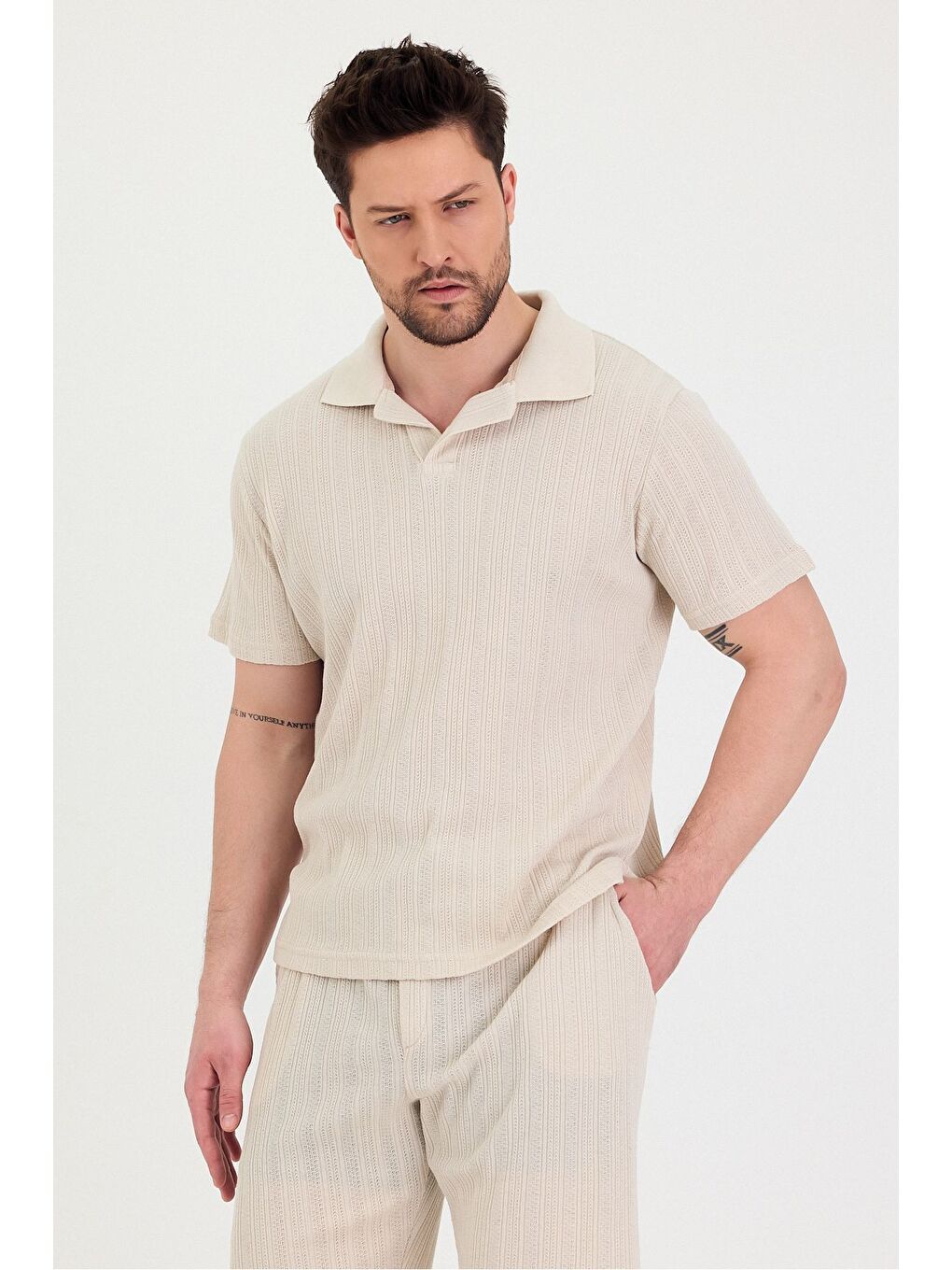 Ekru Erkek Polo Yaka Tshirt Ve Şort Alt Üst Takım-3