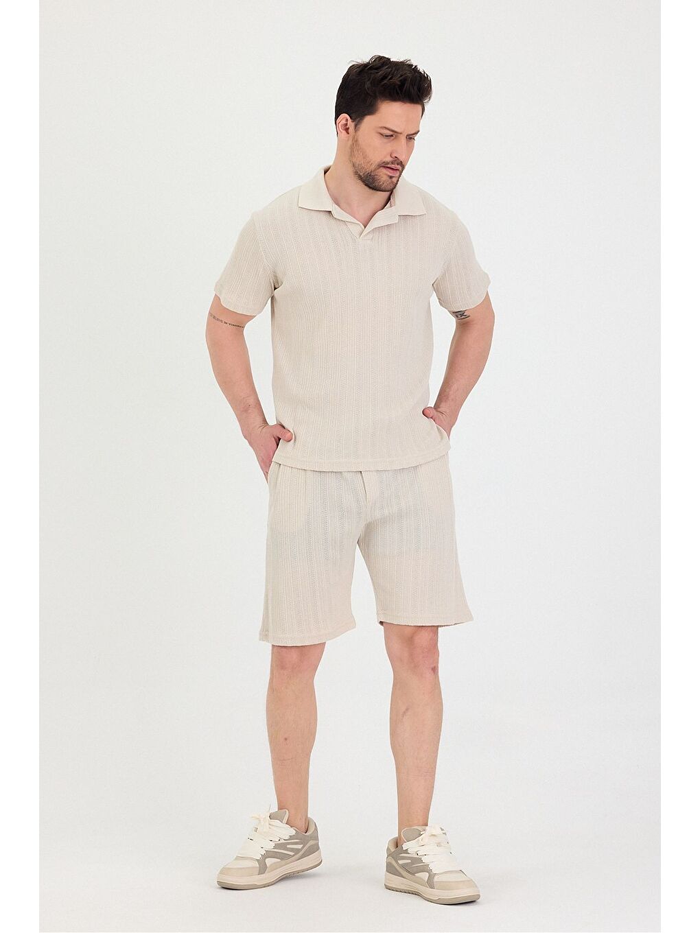Ekru Erkek Polo Yaka Tshirt Ve Şort Alt Üst Takım-4