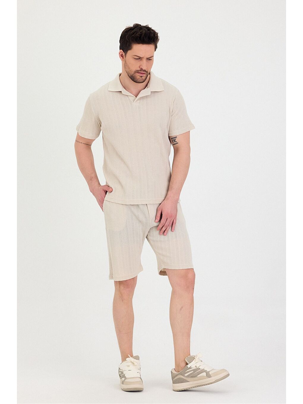 Ekru Erkek Polo Yaka Tshirt Ve Şort Alt Üst Takım-5