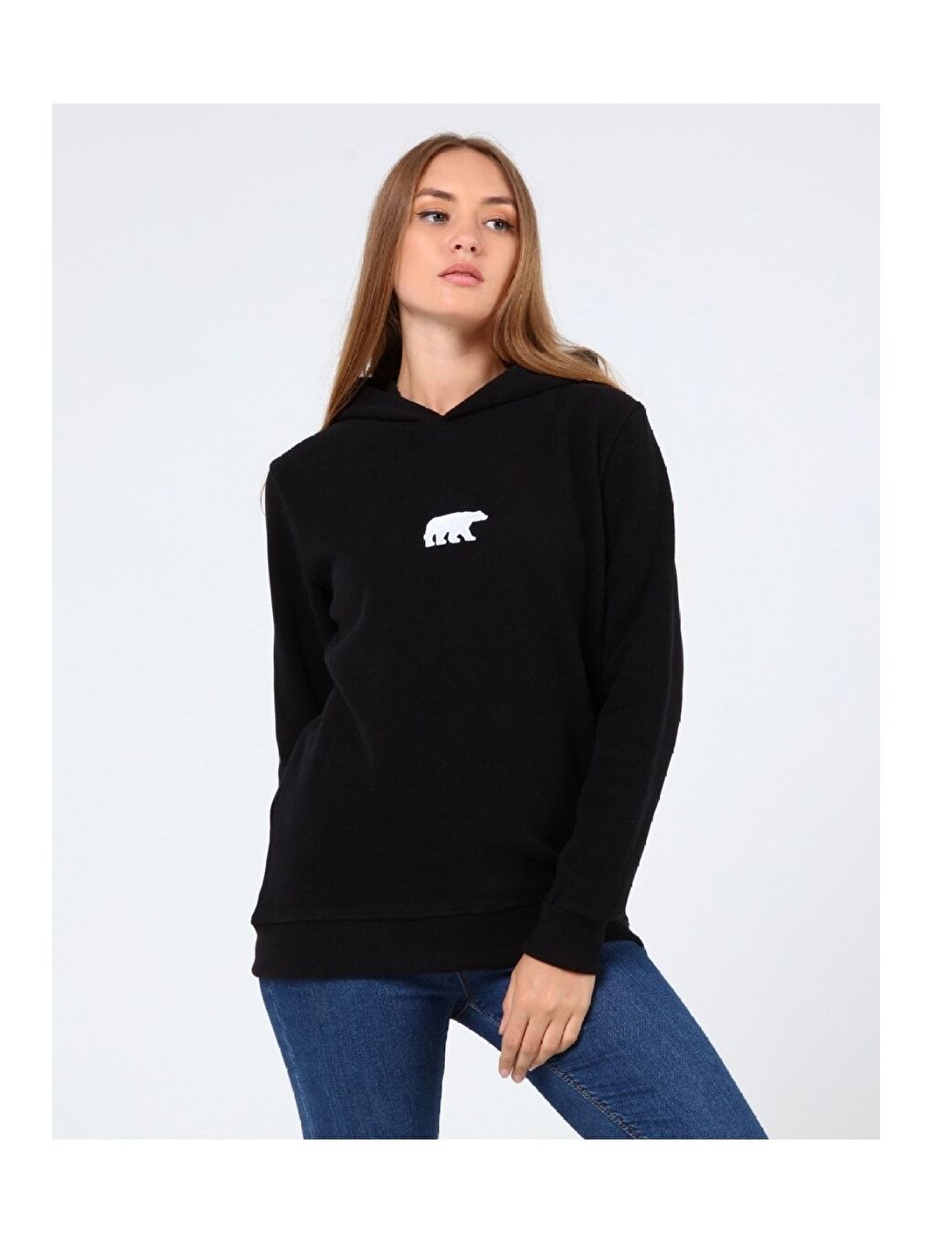 GENIUS STORE Siyah Store Kadın Selanik Outdoor Kapüşonlu Sweatshirt Nakış Işlemeli AYI-KAPŞONLU