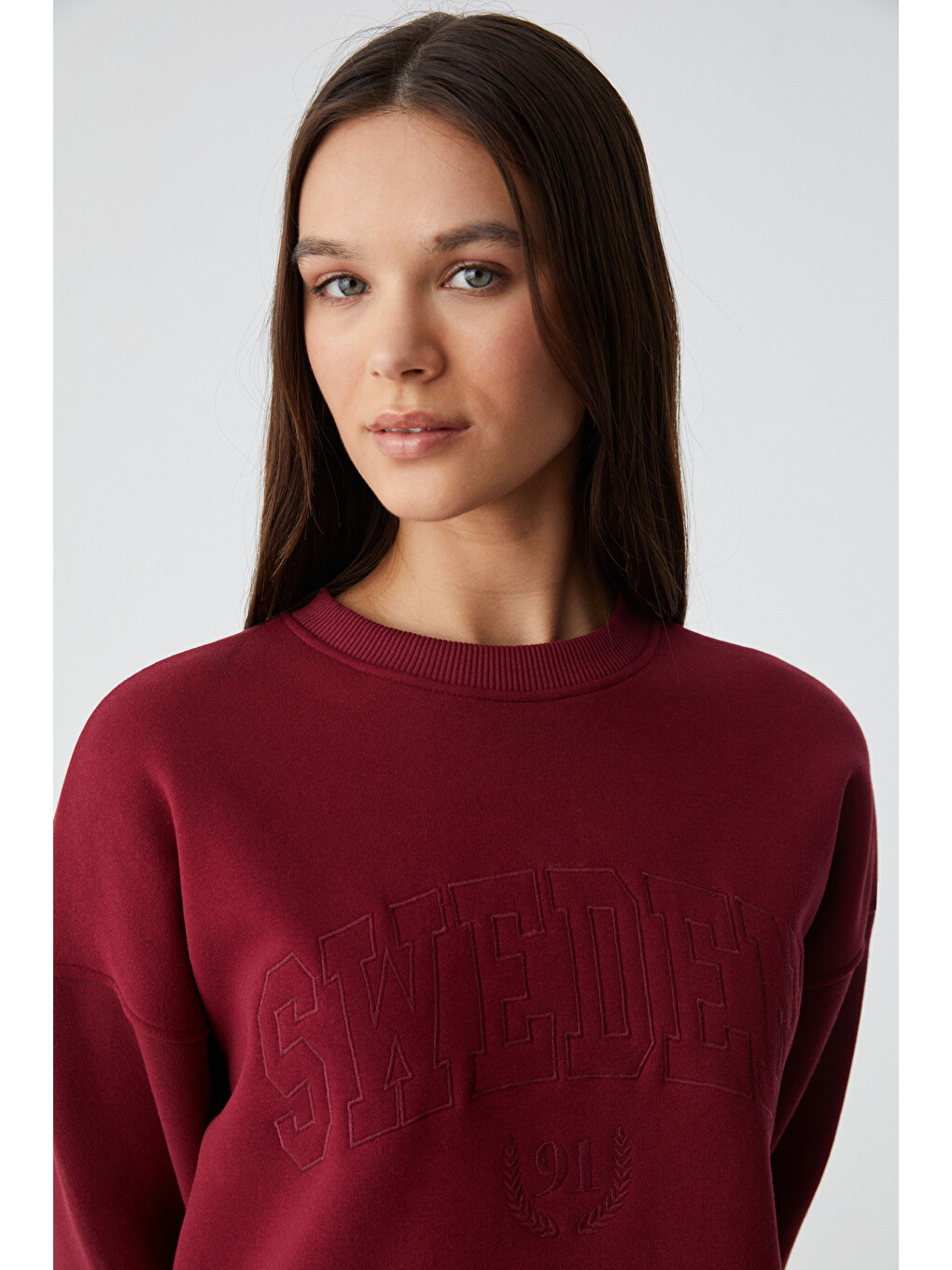 Rıcennı Kadın Bisiklet Yaka Oversize Bordo Sweatshirt-2