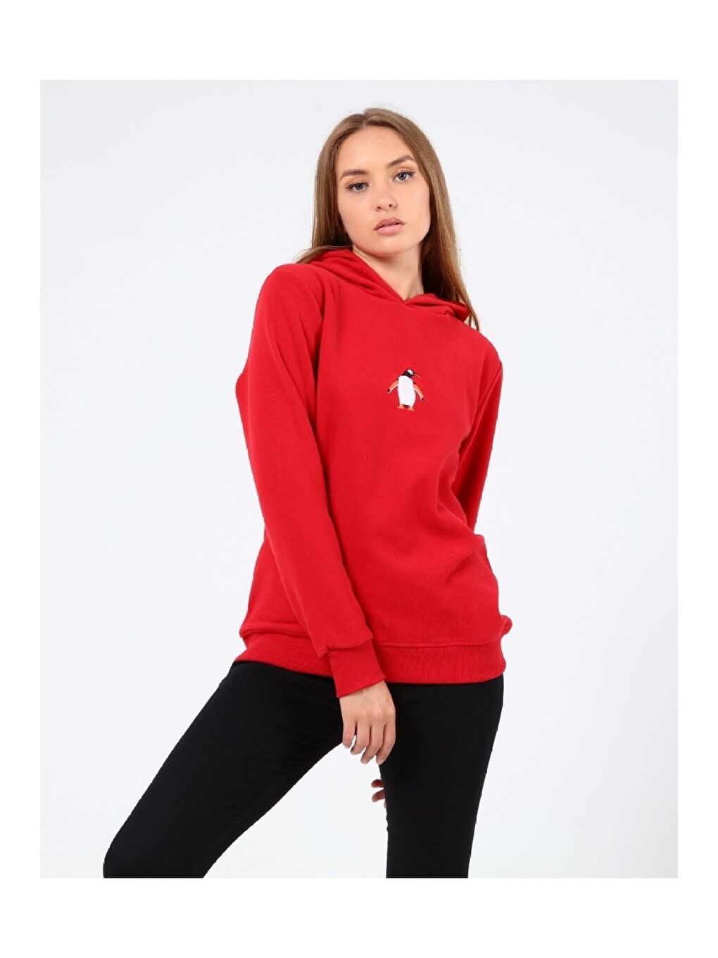 GENIUS STORE Kırmızı Store Kadın Selanik Outdoor Kapüşonlu Sweatshirt Nakış Işlemeli PENGUEN-KAPŞONLU - 1