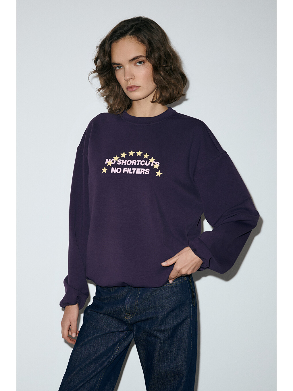 Marıela Kadın Yuvarlak Yaka Baskı Detaylı Oversıze Mor Sweatshirt-1