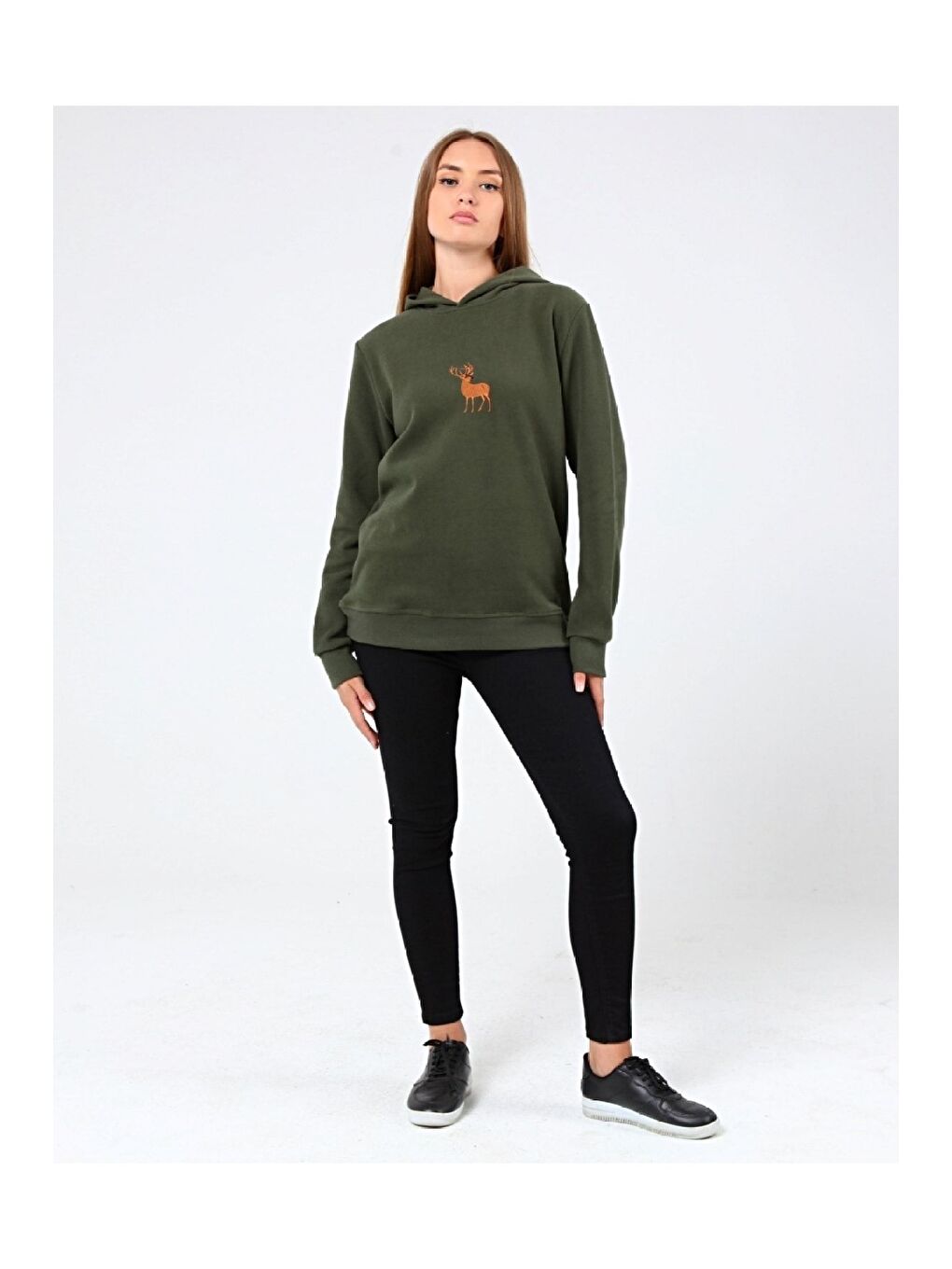 GENIUS STORE Haki Store Kadın Selanik Outdoor Kapüşonlu Sweatshirt Nakış Işlemeli GEYİK-KAPŞONLU