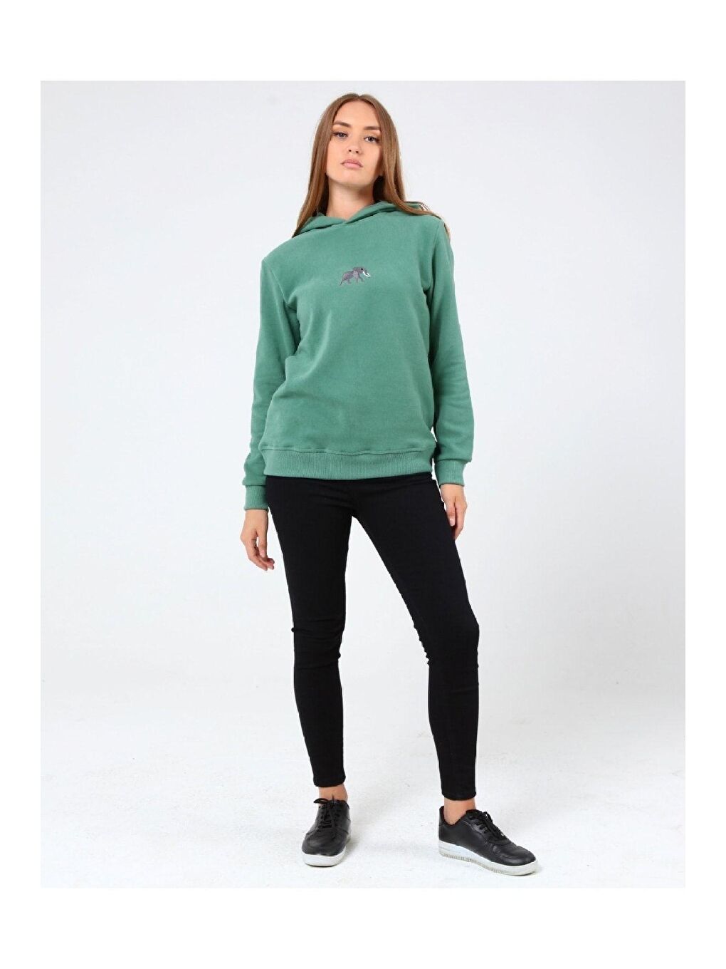 GENIUS STORE Yeşil Store Kadın Selanik Outdoor Kapüşonlu Sweatshirt Nakış Işlemeli FİL-KAPŞONLU