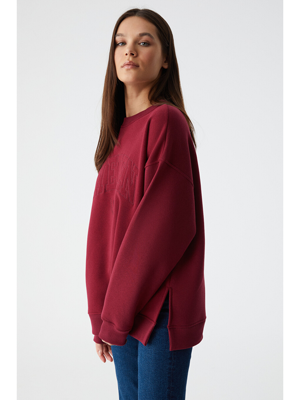 Rıcennı Kadın Bisiklet Yaka Oversize Bordo Sweatshirt-3