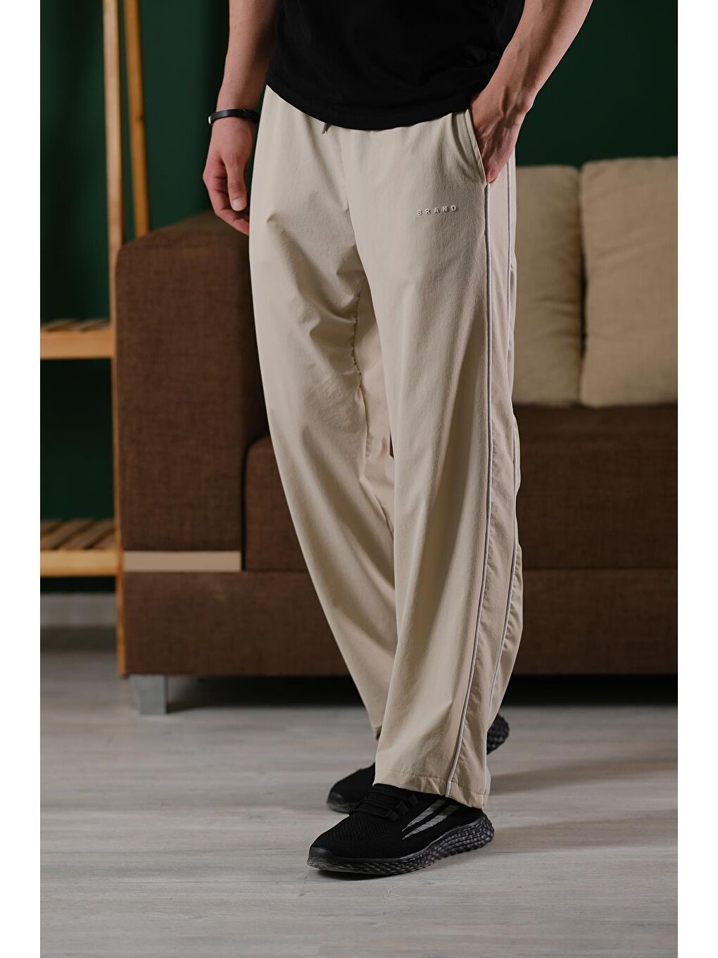 Bej Brand Rahat Kesim Kort Paraşüt Şeritli Outdoor Erkek Eşofman Alt