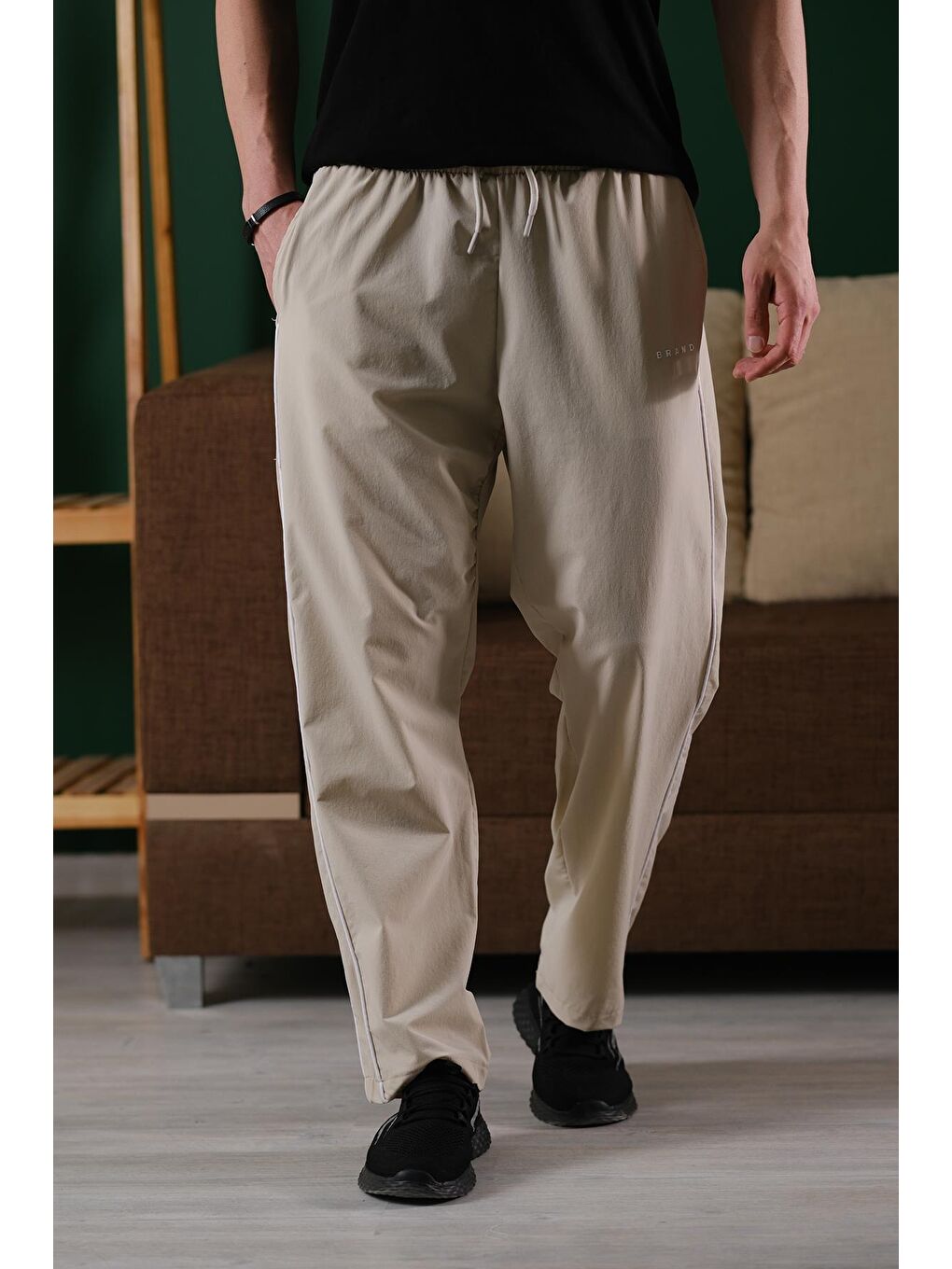 Bej Brand Rahat Kesim Kort Paraşüt Şeritli Outdoor Erkek Eşofman Alt-2