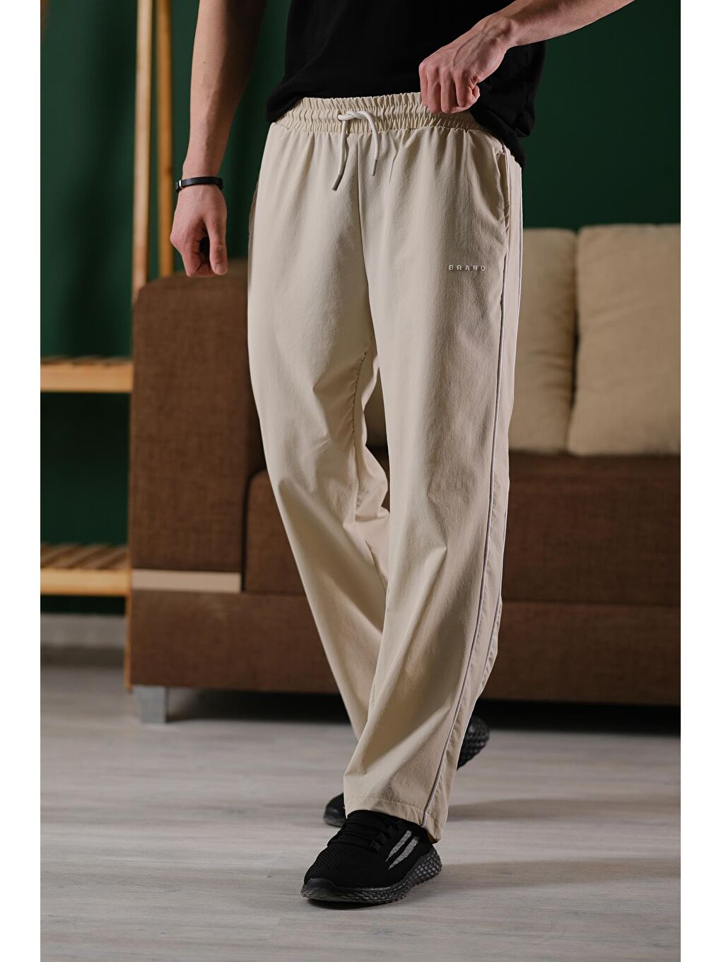 Bej Brand Rahat Kesim Kort Paraşüt Şeritli Outdoor Erkek Eşofman Alt-5