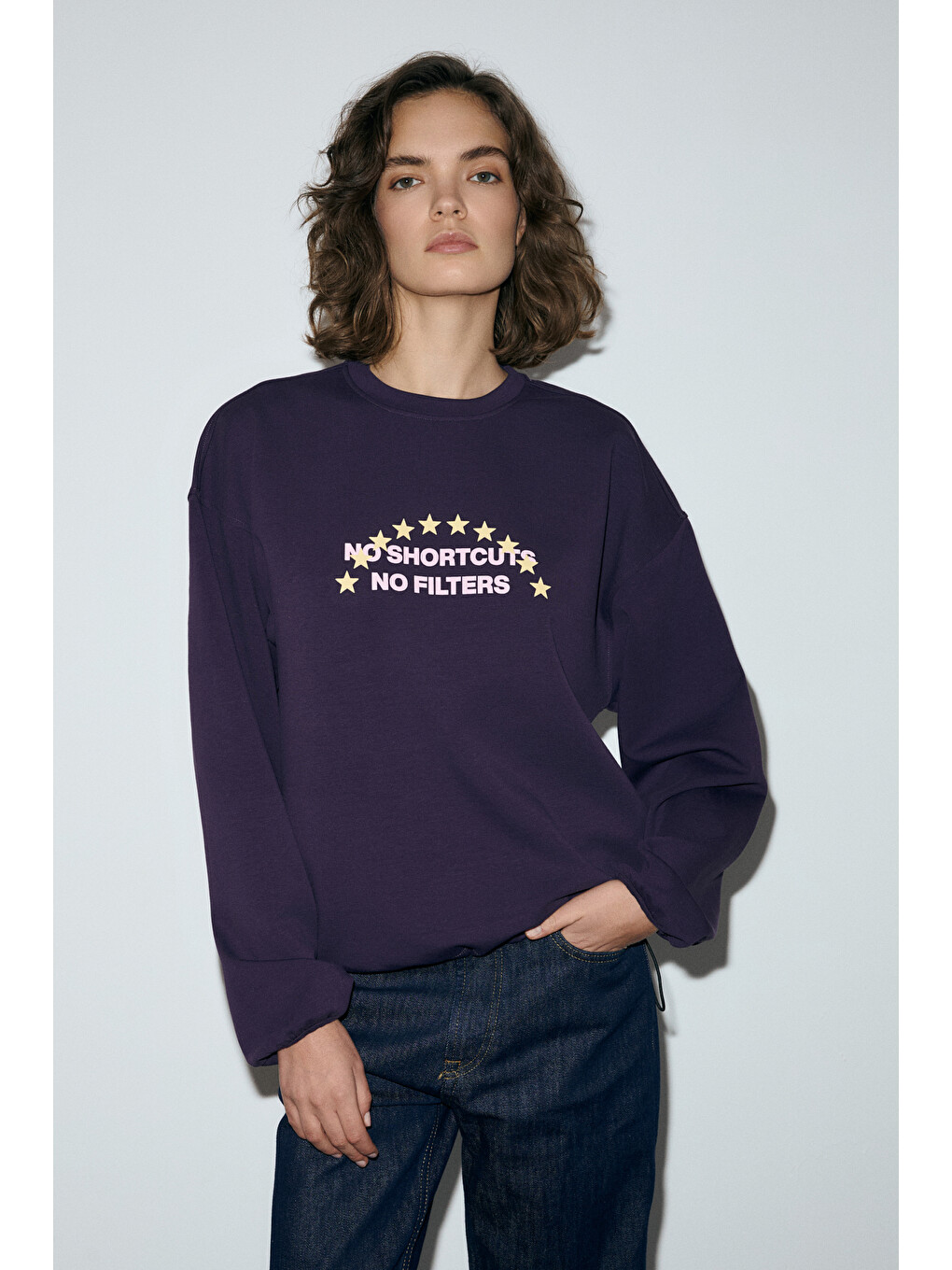 Marıela Kadın Yuvarlak Yaka Baskı Detaylı Oversıze Mor Sweatshirt-2