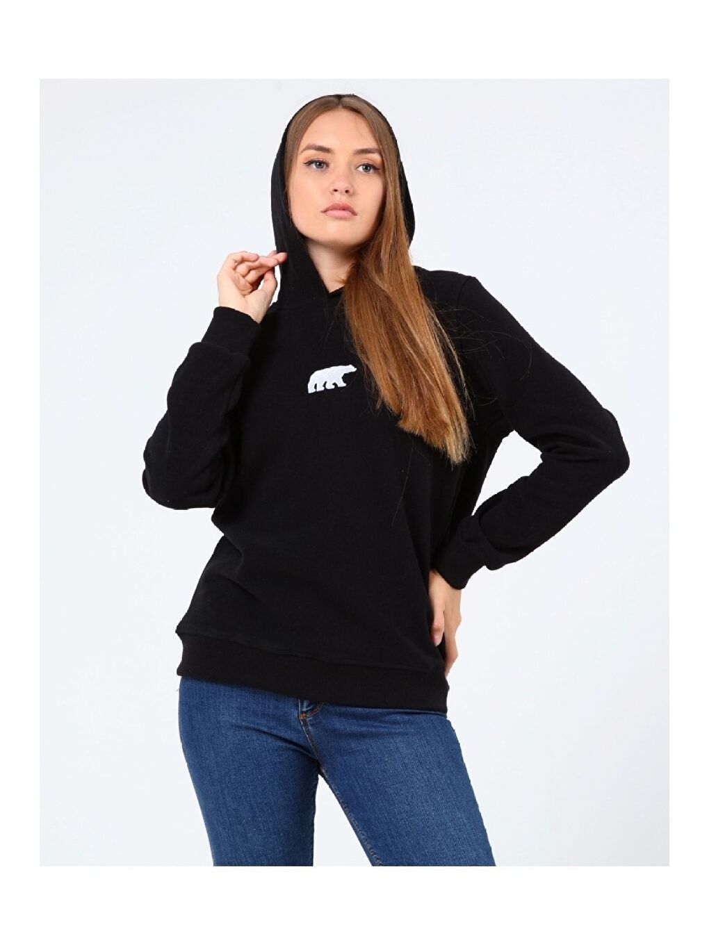 GENIUS STORE Siyah Store Kadın Selanik Outdoor Kapüşonlu Sweatshirt Nakış Işlemeli AYI-KAPŞONLU - 2