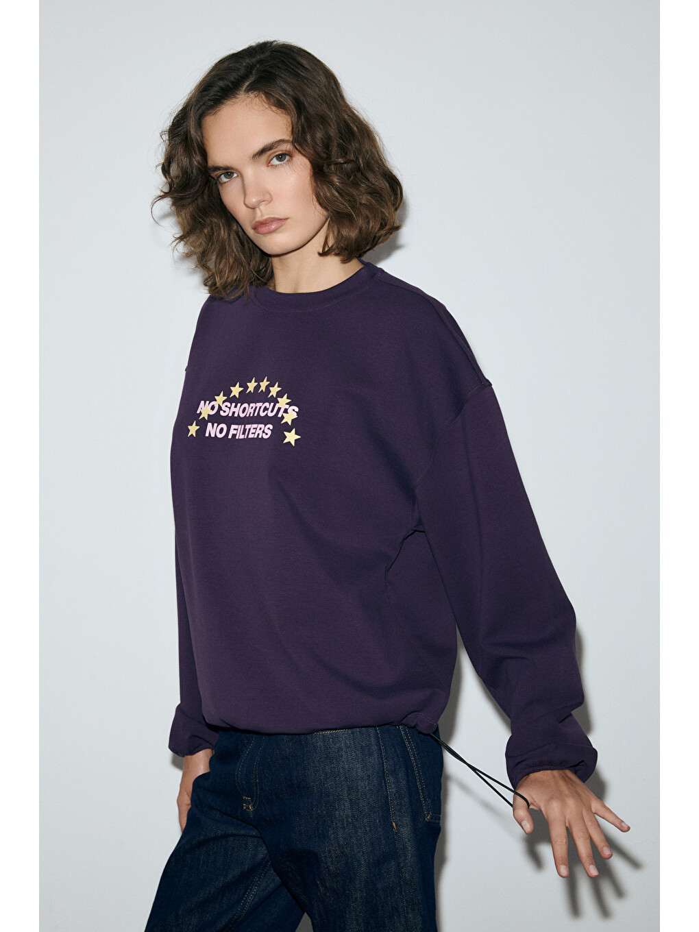 Marıela Kadın Yuvarlak Yaka Baskı Detaylı Oversıze Mor Sweatshirt-3