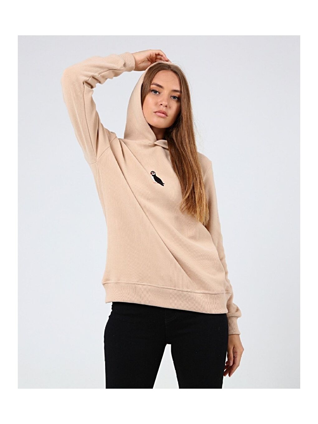 GENIUS STORE Bej Store Kadın Selanik Outdoor Kapüşonlu Sweatshirt Nakış Işlemeli PUFFİN-KAPŞONLU - 2