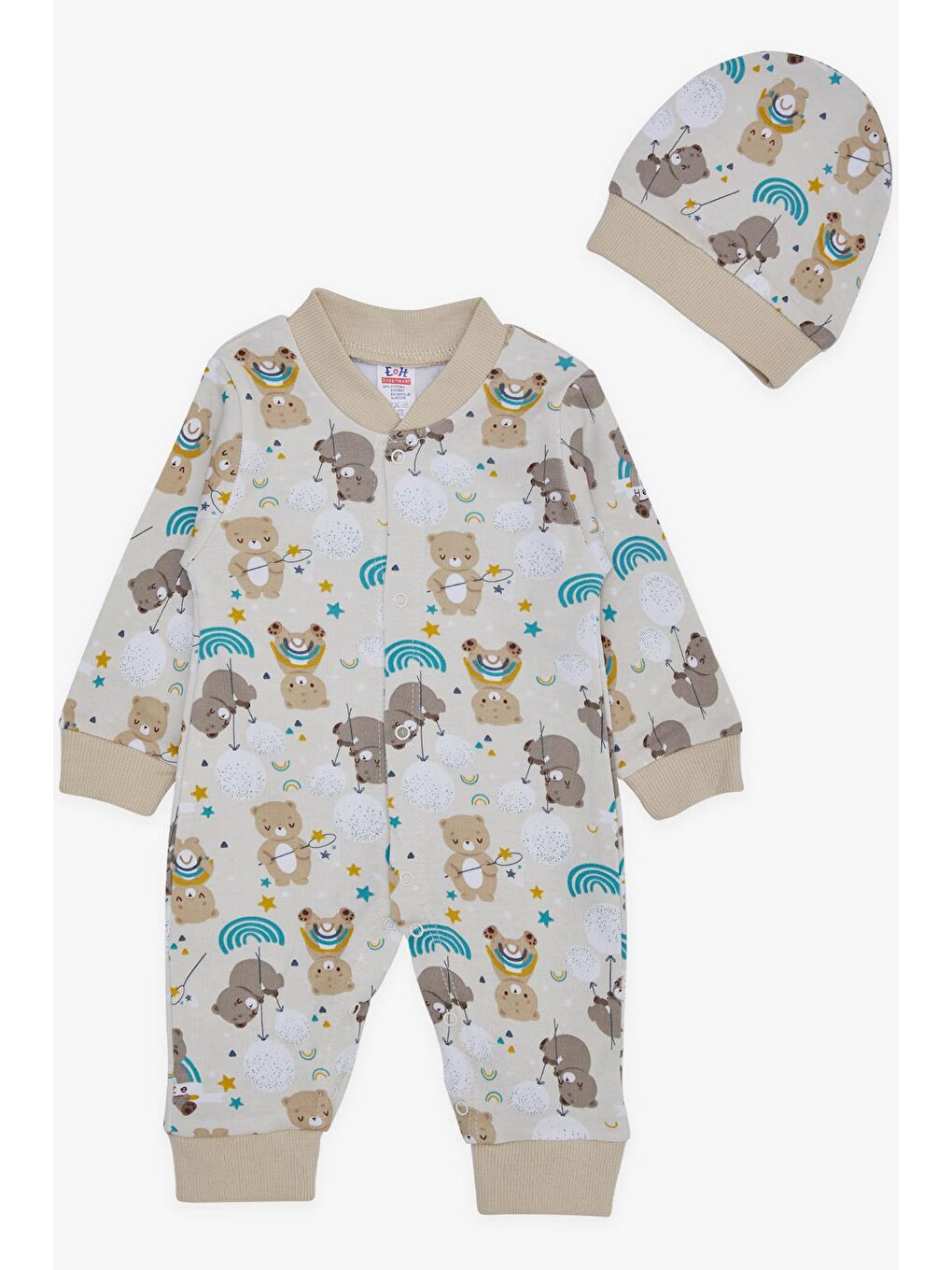 Erkek Bebek Tulum Sevimli Ayıcık Desenli Bej (0-3 Ay)